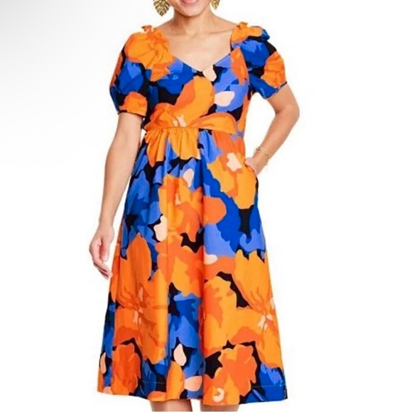 Tabitha Dresses & Skirts - Tabitha Brown for Target Orange/Blue Puff Sleeve Tie Back Midi Dress sz 16W/18W